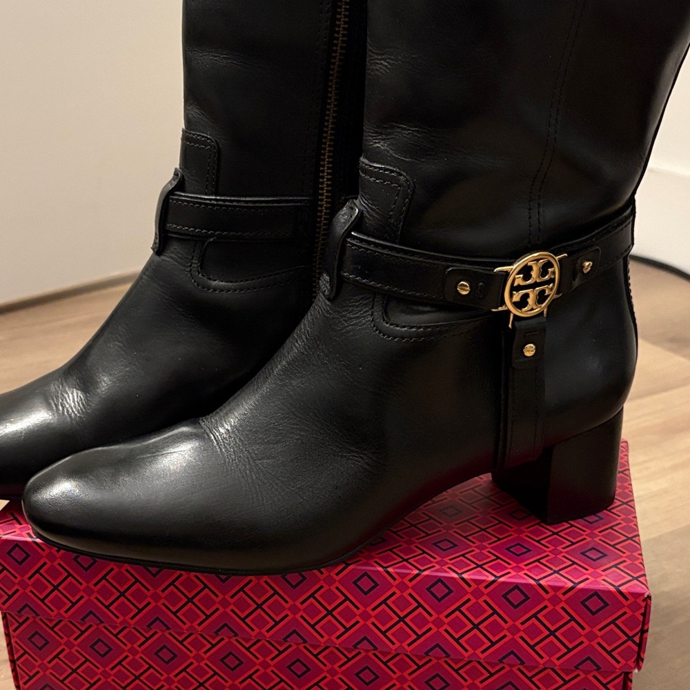 Tory Burch Riding Boot, Black Leather, Block Heel, Size 11